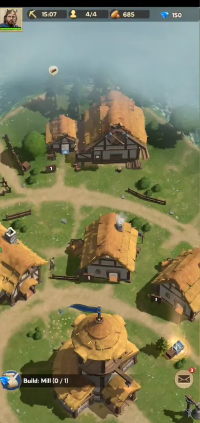 An early Lordrush town during the tutorial, with the quest to build a Mill