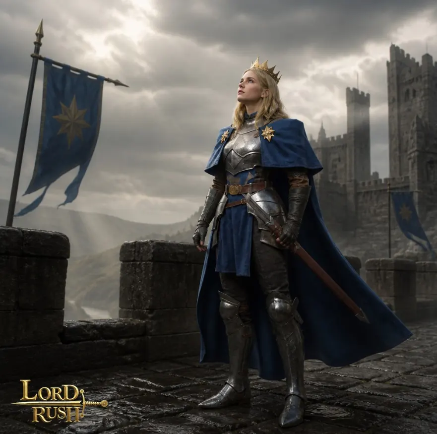 Lordrush promotional art: a crowned queen in armour on the walls of a castle